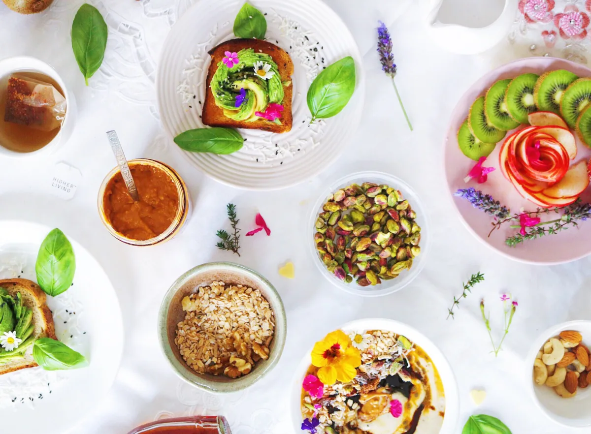 An overhead shot of a table full of healthy breakfast options.