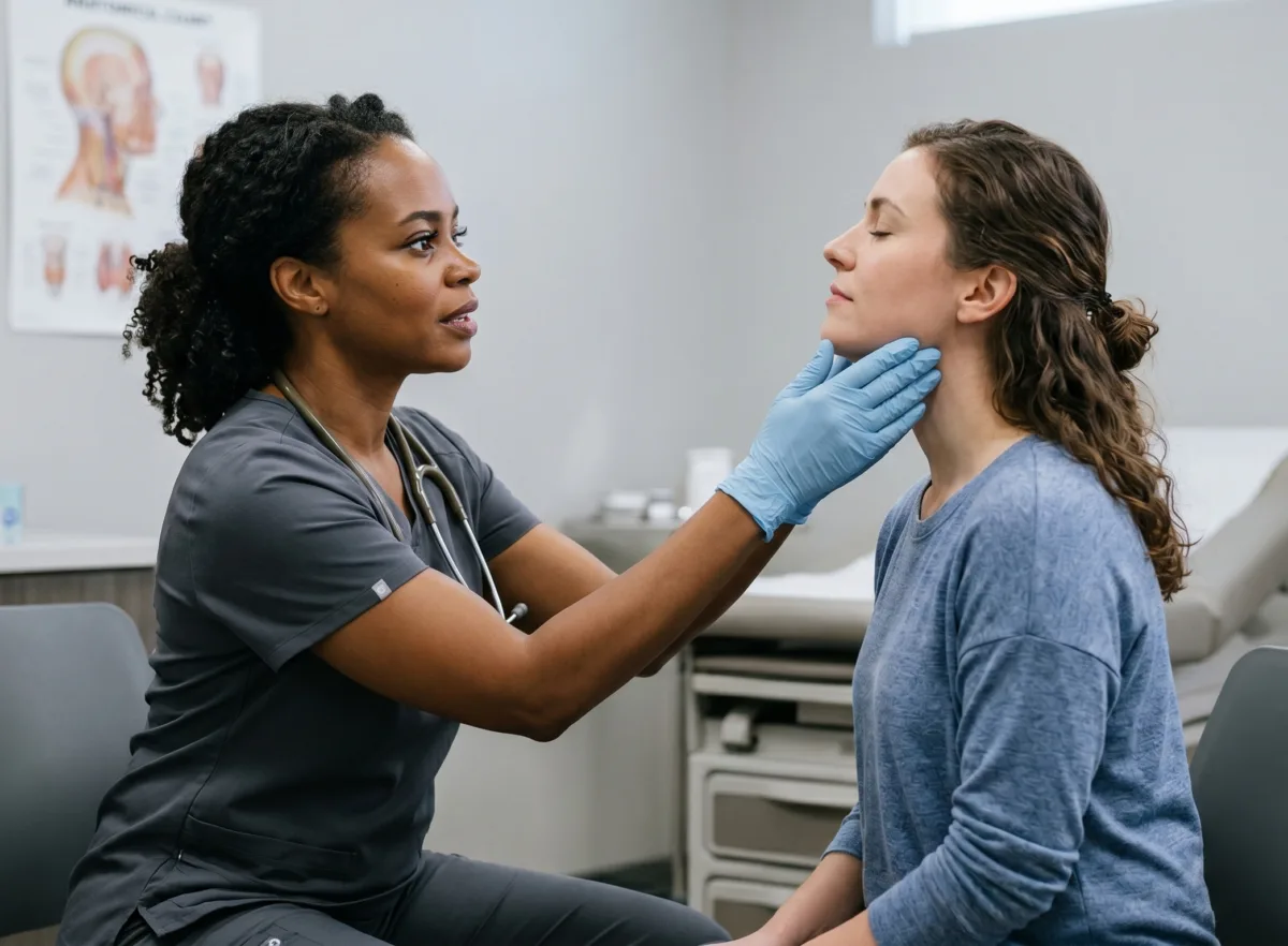 Healthcare provider gently feeling a patient's neck to check for swollen lymph nodes related to strep throat.
