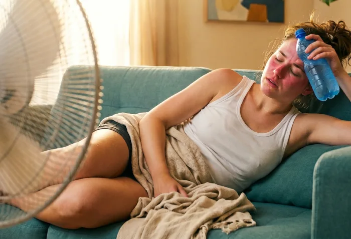 Young person with severe, reddened sun-damaged skin outdoors, illustrating the effects of sun poisoning.