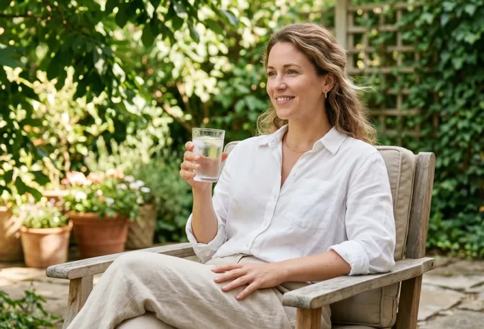 Smiling woman sitting in a garden chair outdoors, holding a glass of water.