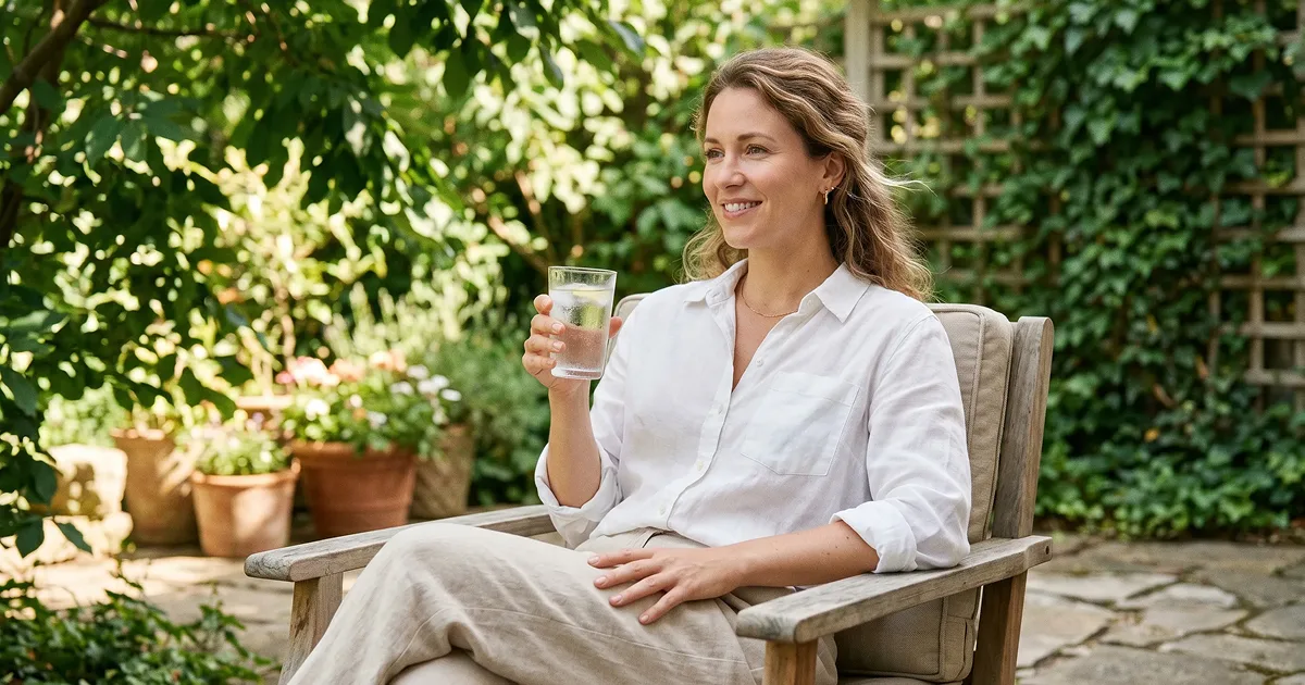 Smiling woman sitting in a garden chair outdoors, holding a glass of water.