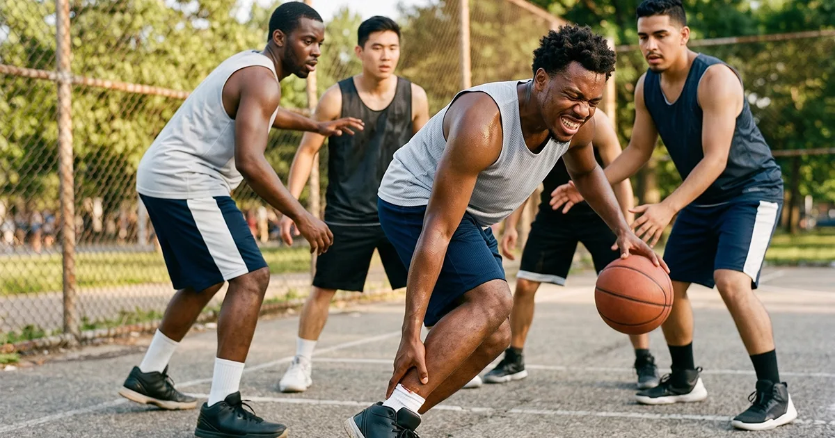 Weekend warrior holding his ankle in pain while playing basketball on an outdoor court.